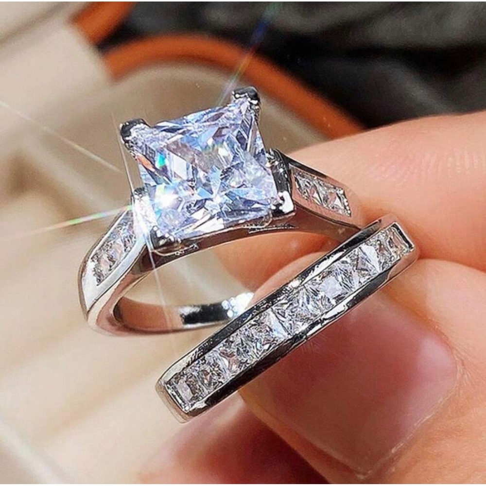 Princess Cut Bridal Ring Set Silver Tone Engagement Wedding Band Set - Picture 3 of 5